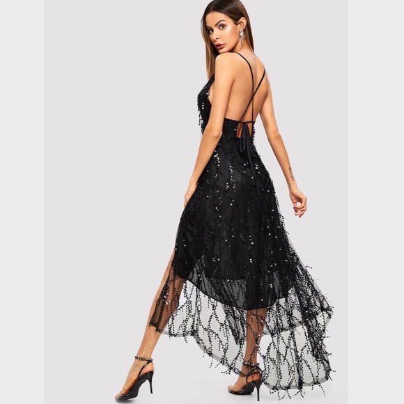 Black Sequin Fringe Backless Cami Slit Maxi Dress - Picture 5 of 8